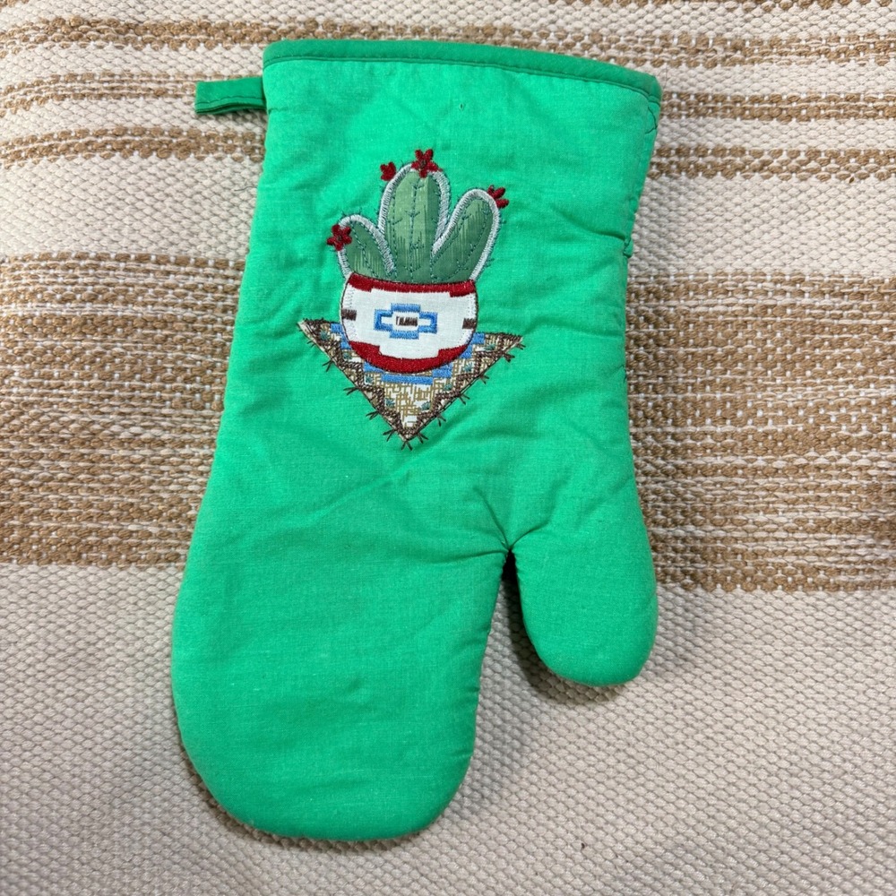 Vintage Green Cactus Embroidered‎ Oven Mitt Southwestern Desert Kitchen Decor